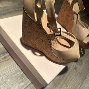 Jimmy Choo Patent Cream Wedge Sandals
